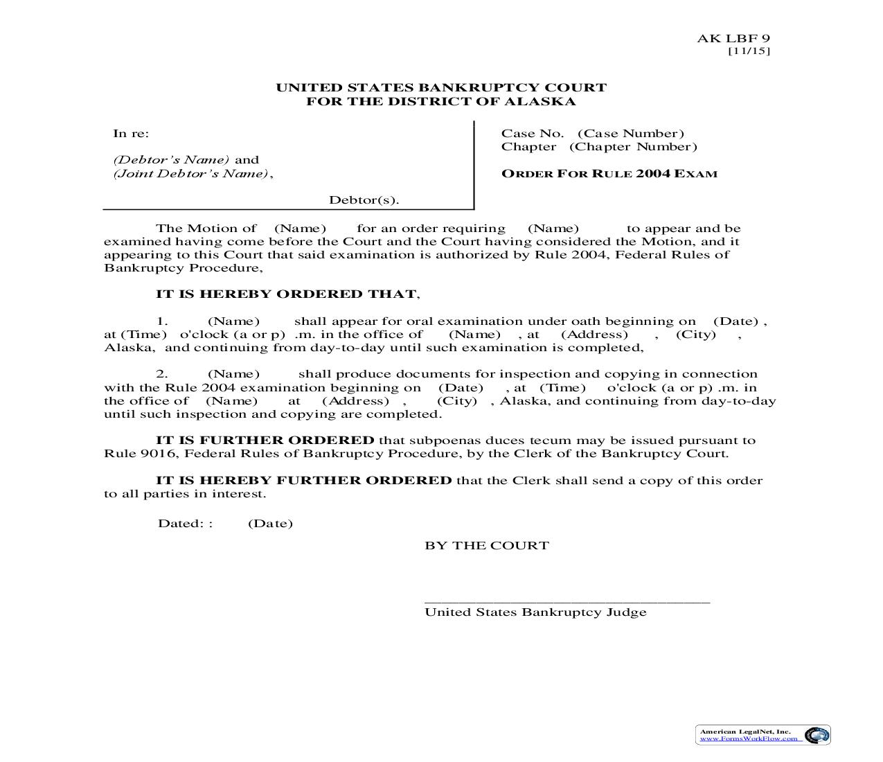 Order For Rule 2004 Examination {LBF-9} | Pdf Fpdf Doc Docx | Alaska