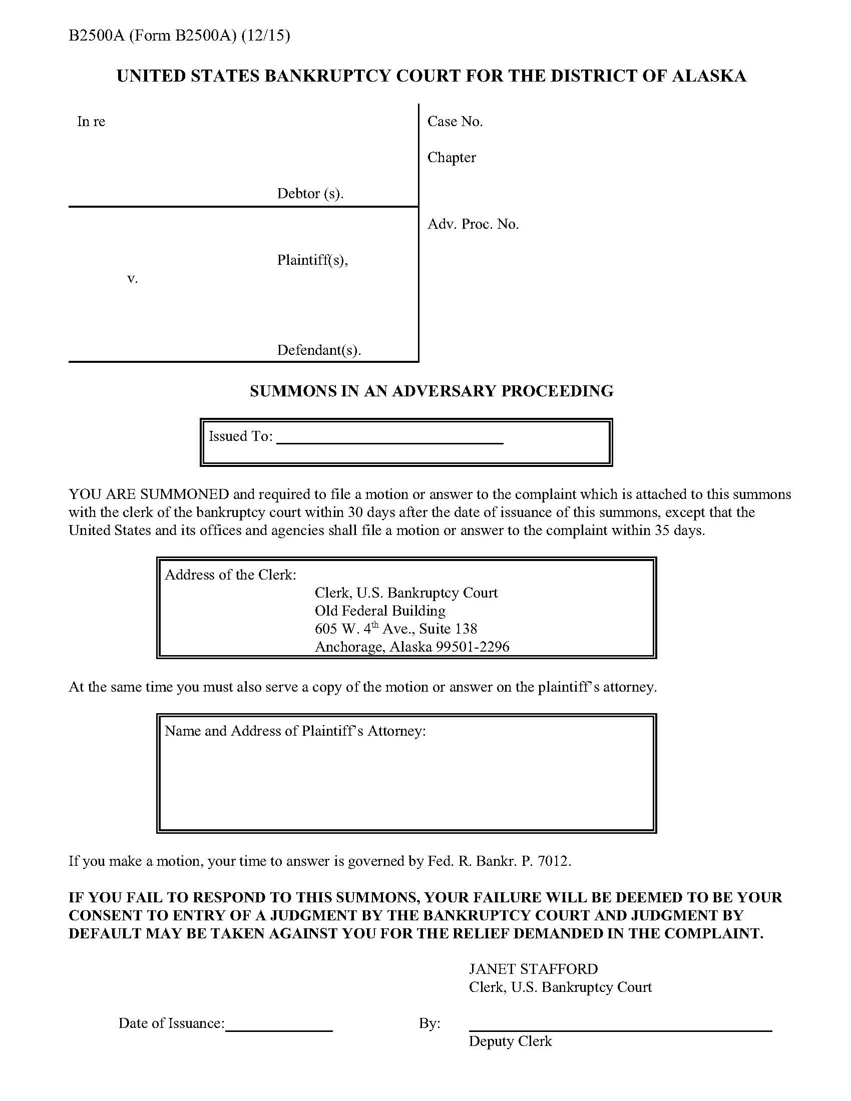Summons In An Adversary Proceeding {B2500A} | Pdf Fpdf Docx | Alaska