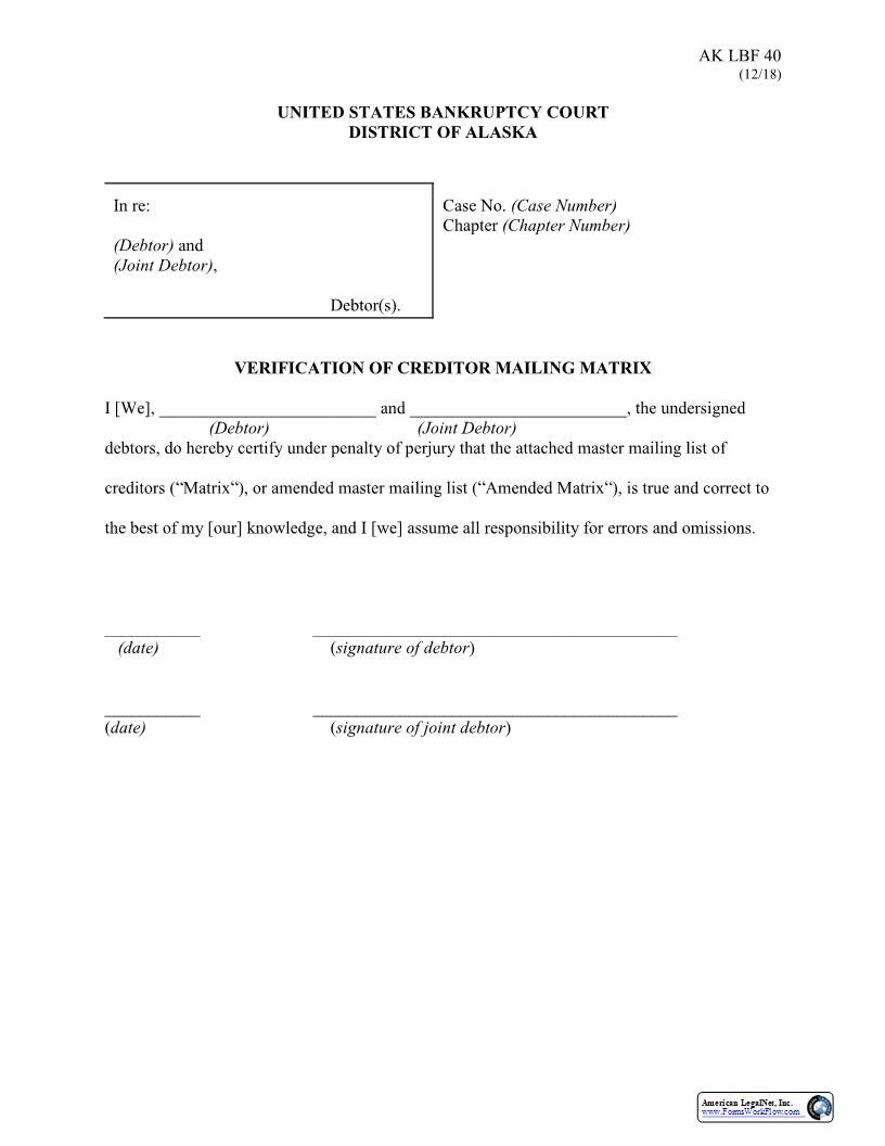 Verification Of Creditor Mailing Matrix {LBF-40} | Pdf Fpdf Docx | Alaska