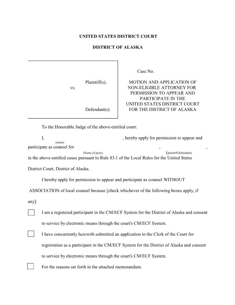 Motion And Application Of Non Eligible Attorney To Appear | Pdf Fpdf Doc Docx | Alaska