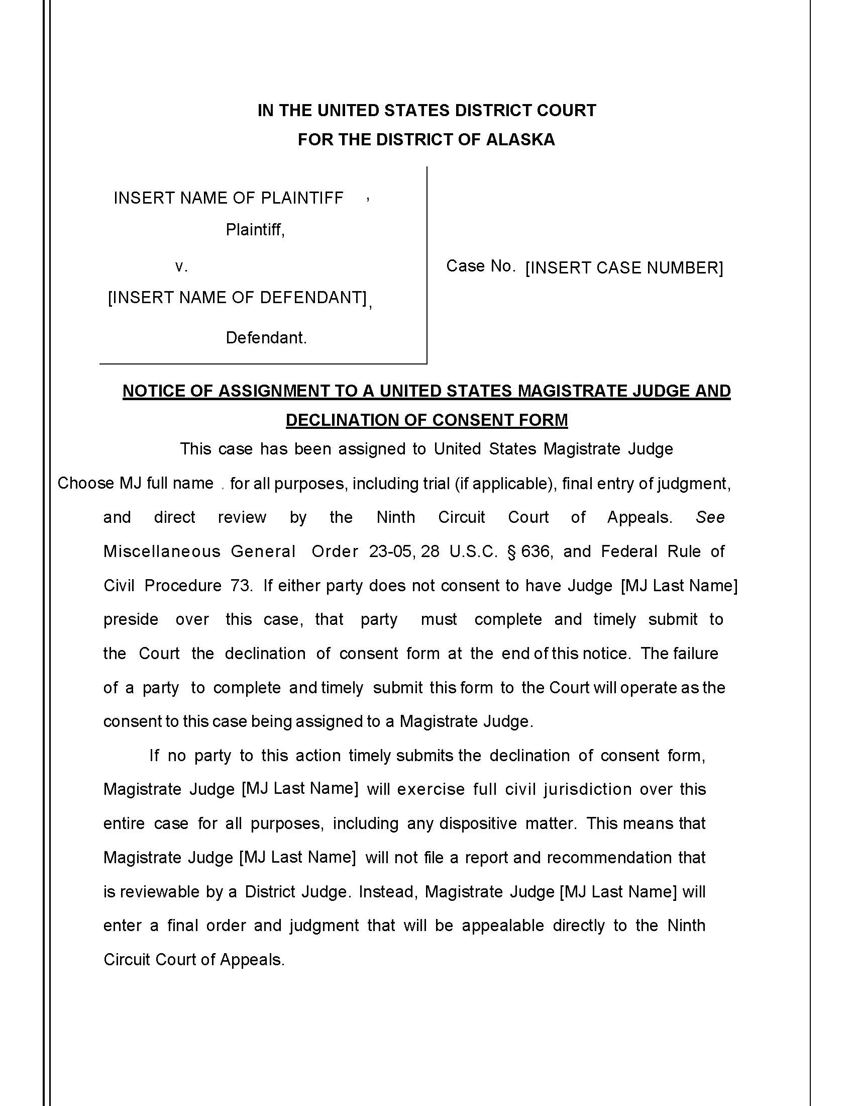 Notice Of Assignment To A United States Magistrate Judge And Declination Of Consent Form | Pdf Fpdf Docx | Alaska