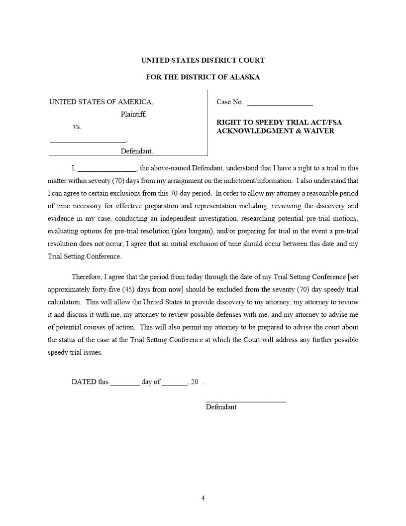 Right To Speedy Trial Act FSA Acknowledgment And Waiver | Pdf Fpdf Docx | Alaska