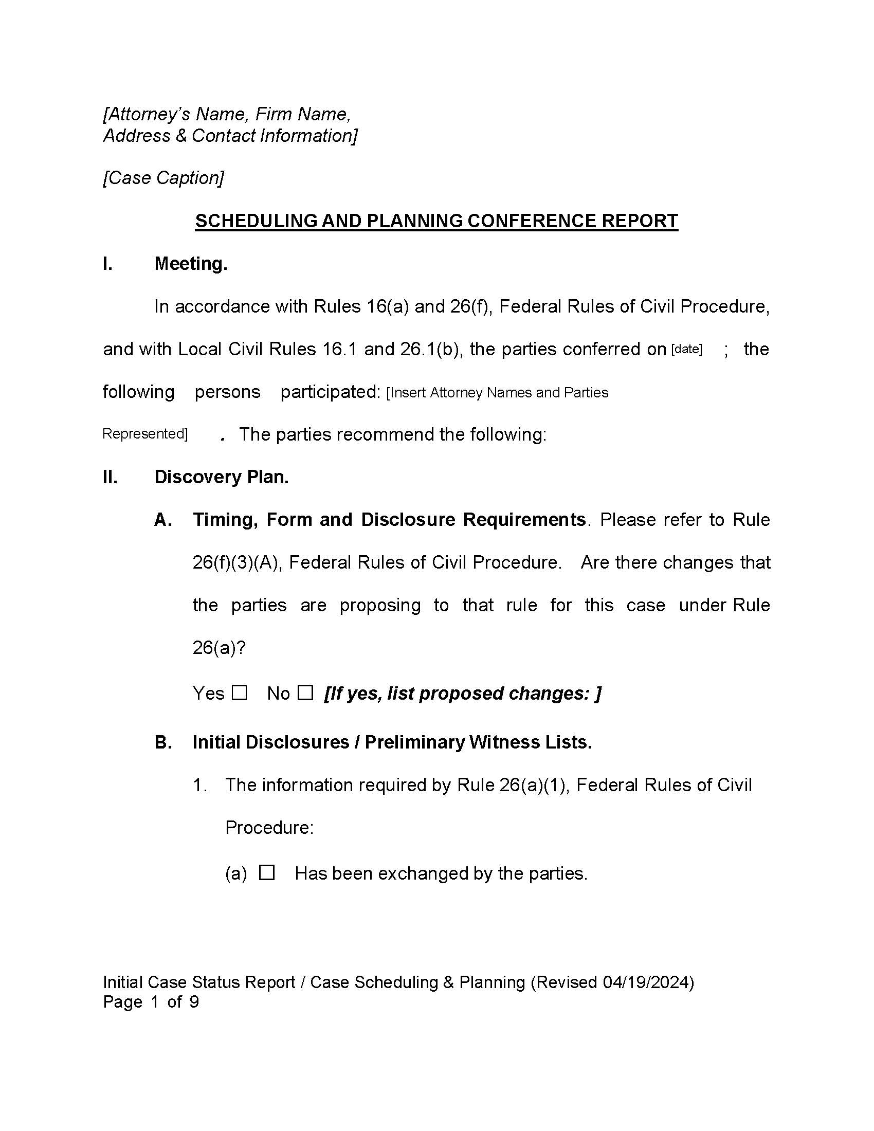 Scheduling And Planning Conference Report (All Judges) {26(f)} | Pdf Fpdf Docx | Alaska