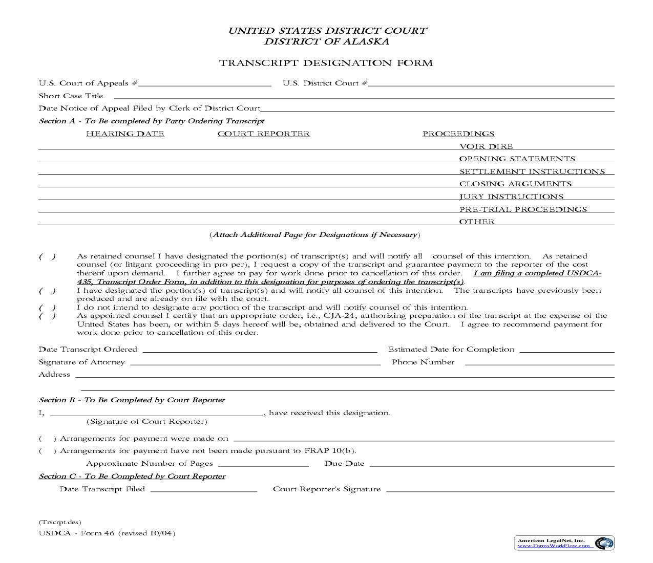Transcript Designation Form {46} | Pdf Fpdf Doc Docx | Alaska