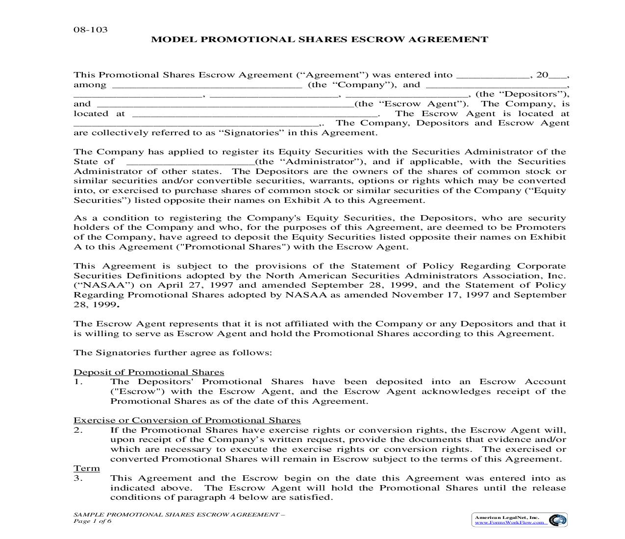 Model Promotional Shares Escrow Agreemtent {08-103} | Pdf Fpdf Doc Docx | Alaska