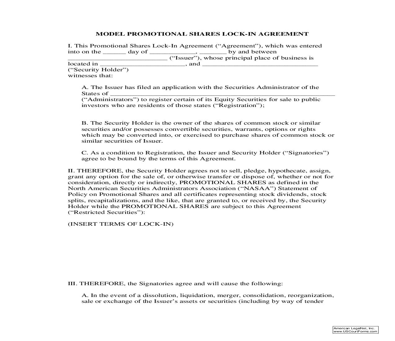 Model Promotional Shares Lock-In Agreement {08-105} | Pdf Fpdf Doc Docx | Alaska