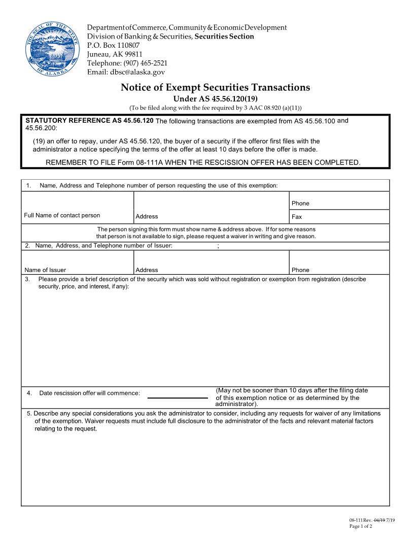 Notice Of Exempt Securities Transactions Under AS 45.55.900(b)(19) {08-111} | Pdf Fpdf Doc Docx | Alaska