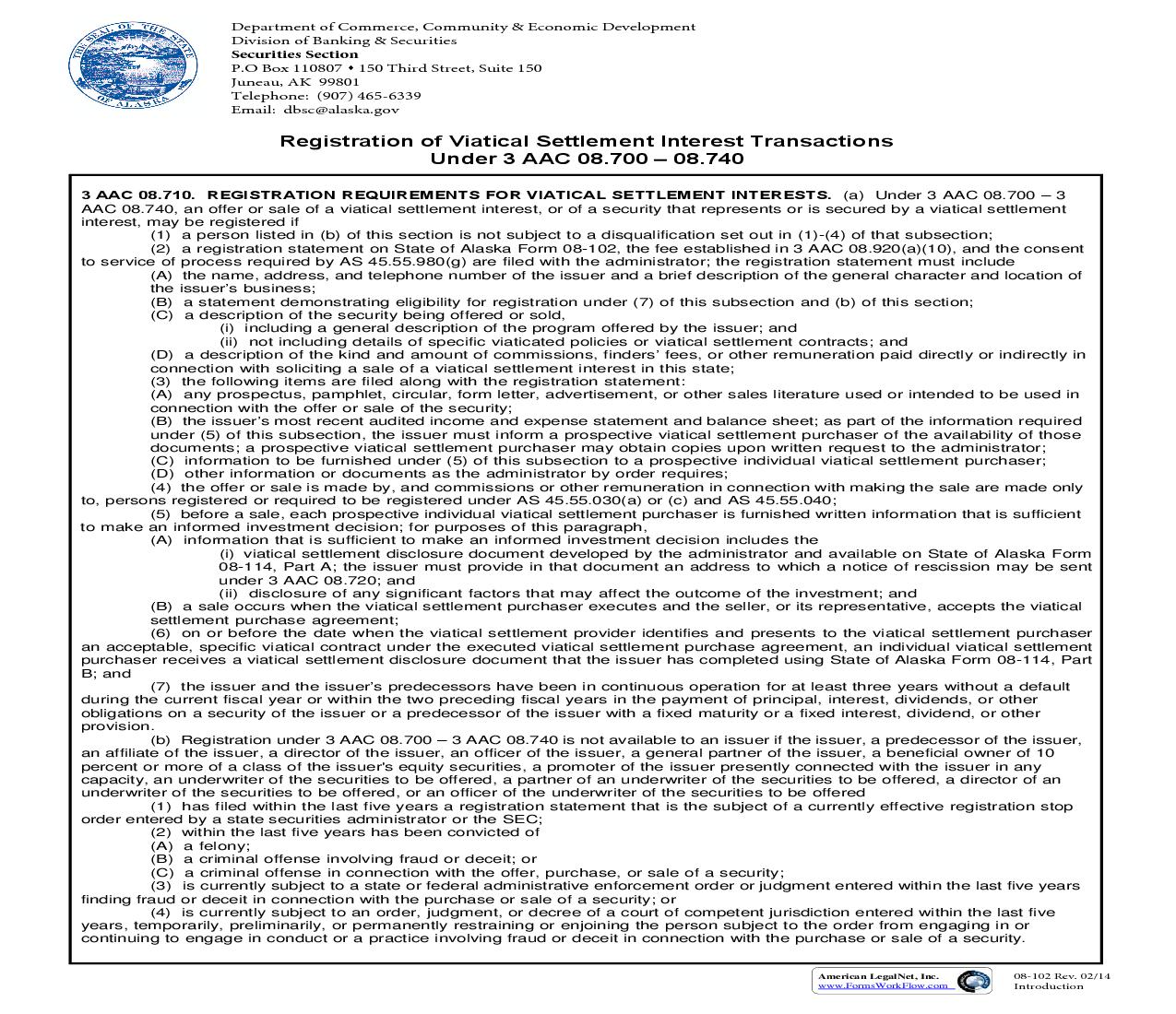 Registration Of Viatical Settlement Interest Transactions {08-102} | Pdf Fpdf Doc Docx | Alaska