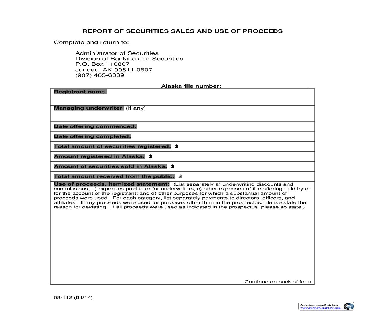 Report Of Securities Sales And Use Of Proceeds {08-112} | Pdf Fpdf Doc Docx | Alaska