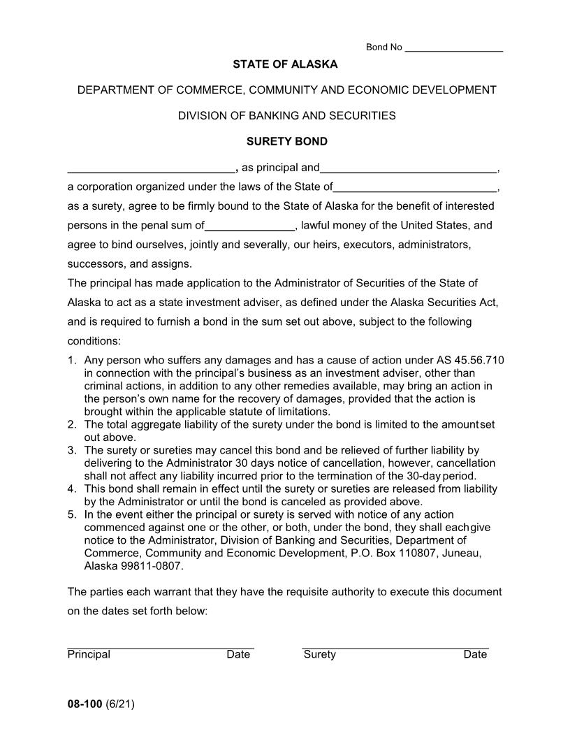 Surety Bond {08-100} | Pdf Fpdf Doc Docx | Alaska
