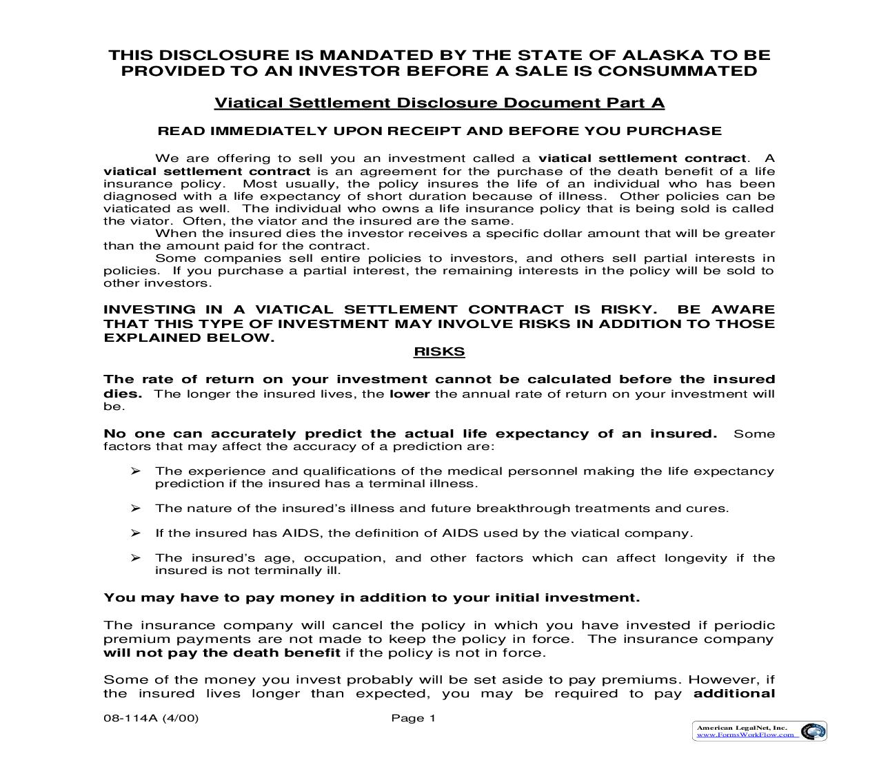 Viatical Settlement Disclosure Document Part A {08-114a} | Pdf Fpdf Doc Docx | Alaska