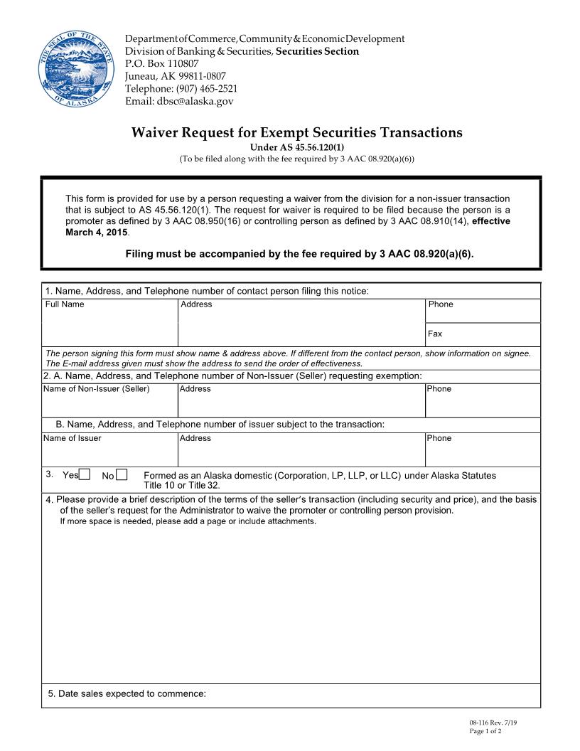 Waiver Request For Exempt Securities Transactions {08-116} | Pdf Fpdf Doc Docx | Alaska