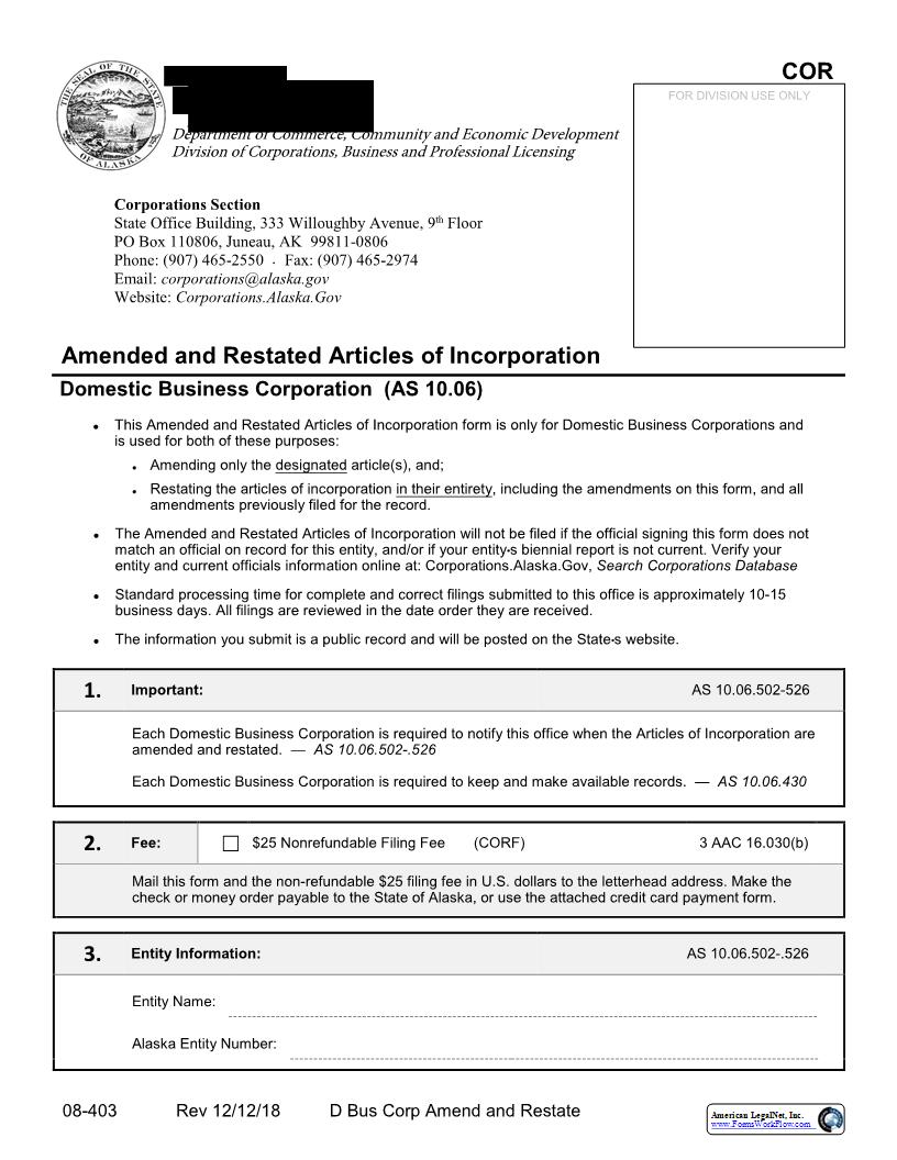 Amended And Restated Articles Of Incorporation (Domestic Business Corp) {08-403} | Pdf Fpdf Docx | Alaska