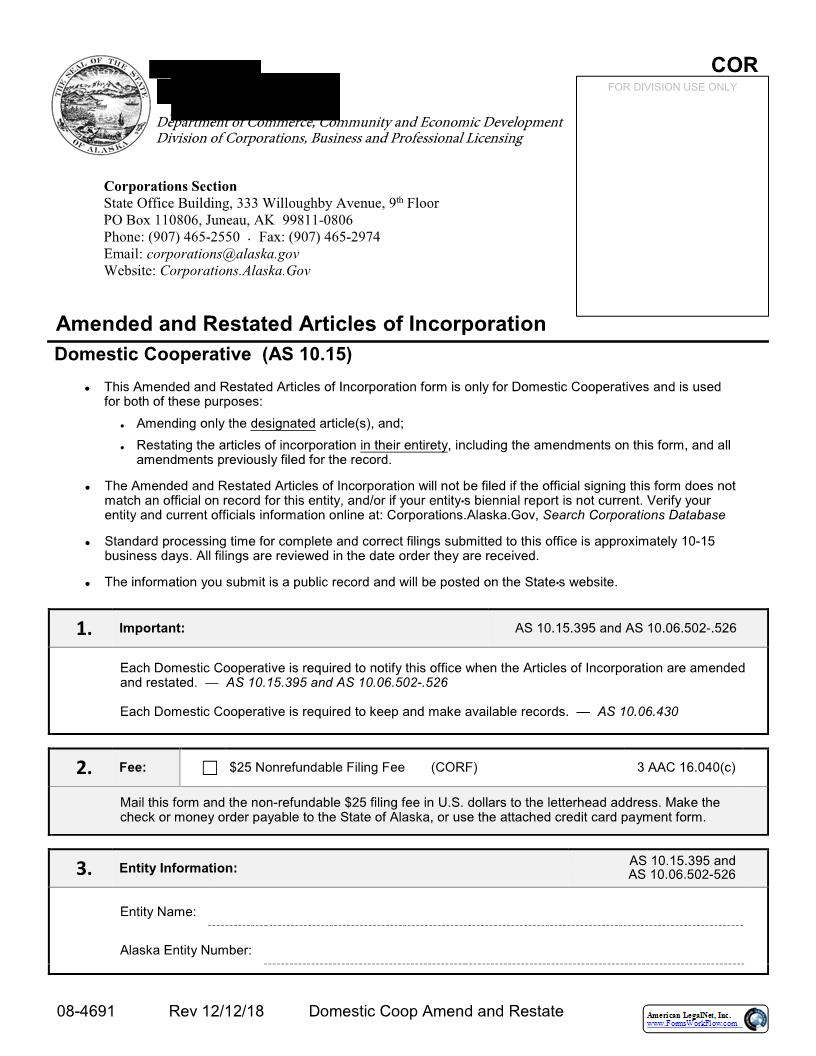 Amended And Restated Articles Of Incorporation (Domestic Cooperative) {08-4691} | Pdf Fpdf Docx | Alaska
