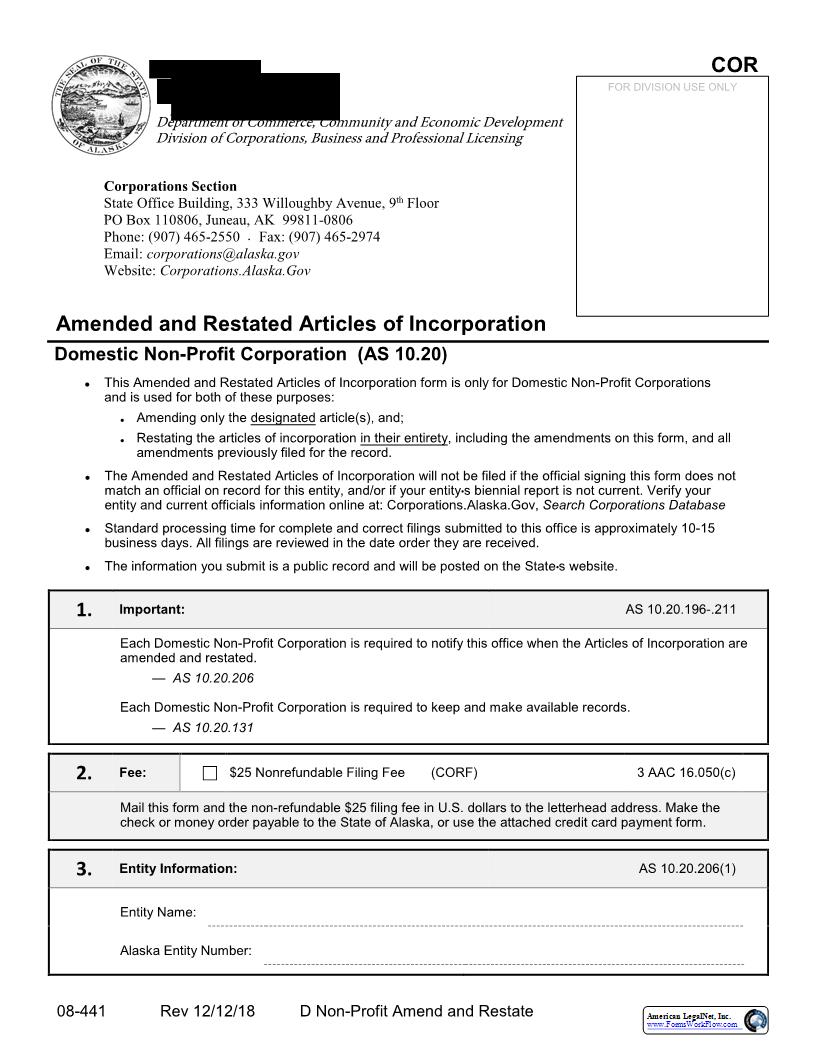 Amended And Restated Articles Of Incorporation (Domestic Nonprofit Corporation) {08-441} | Pdf Fpdf Docx | Alaska