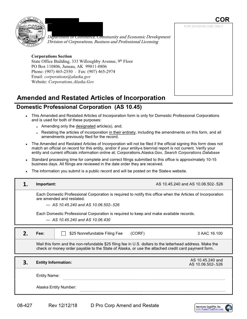 Amended And Restated Articles Of Incorporation (Domestic Professional Corp) {08-427} | Pdf Fpdf Docx | Alaska