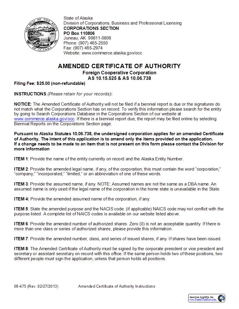 Amended Certificate Of Authority (Foreign Cooperative Corporation) {08-475} | Pdf Fpdf Docx | Alaska