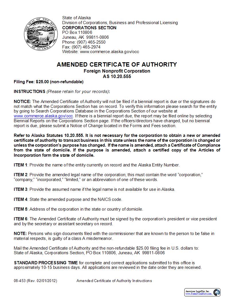 Amended Certificate Of Authority (Foreign Nonprofit Corporation) {08-453} | Pdf Fpdf Docx | Alaska