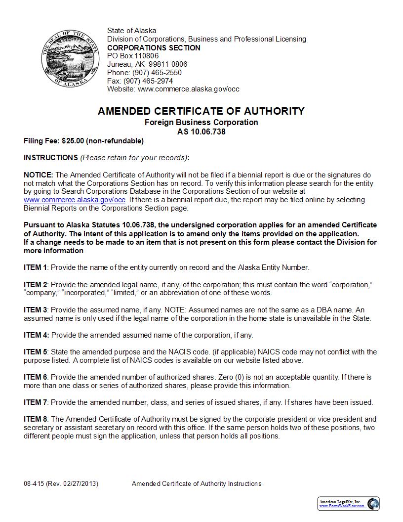 Amended Certificate Of Authority Foreign Business Corporation {08-415} | Pdf Fpdf Docx | Alaska