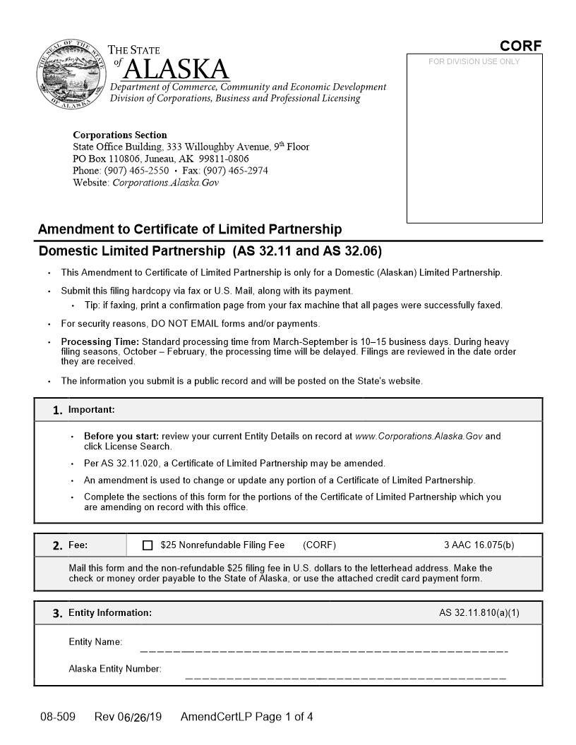 Amended Certificate Of Limited Partnership Domestic LP {08-509} | Pdf Fpdf Docx | Alaska