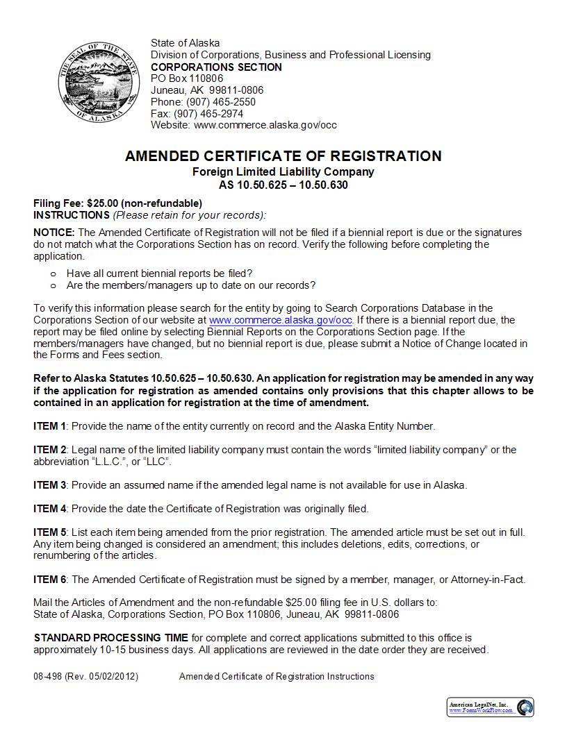 Amended Certificate Of Registration (Foreign Limited Liability Company) {08-498} | Pdf Fpdf Docx | Alaska