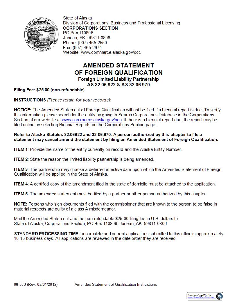 Amended Statement Of Foreign Qualification (Foreign LLP) {08-533} | Pdf Fpdf Docx | Alaska
