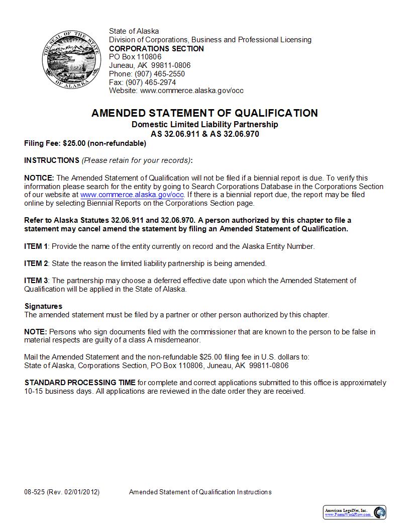 Amended Statement Of Qualification (Domestic Limited Liability Partnership) {08-525} | Pdf Fpdf Docx | Alaska