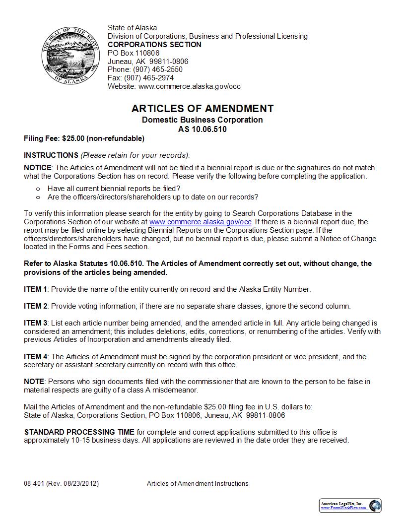 Articles Of Amendment (Domestic Business Corporation) {08-401} | Pdf Fpdf Docx | Alaska