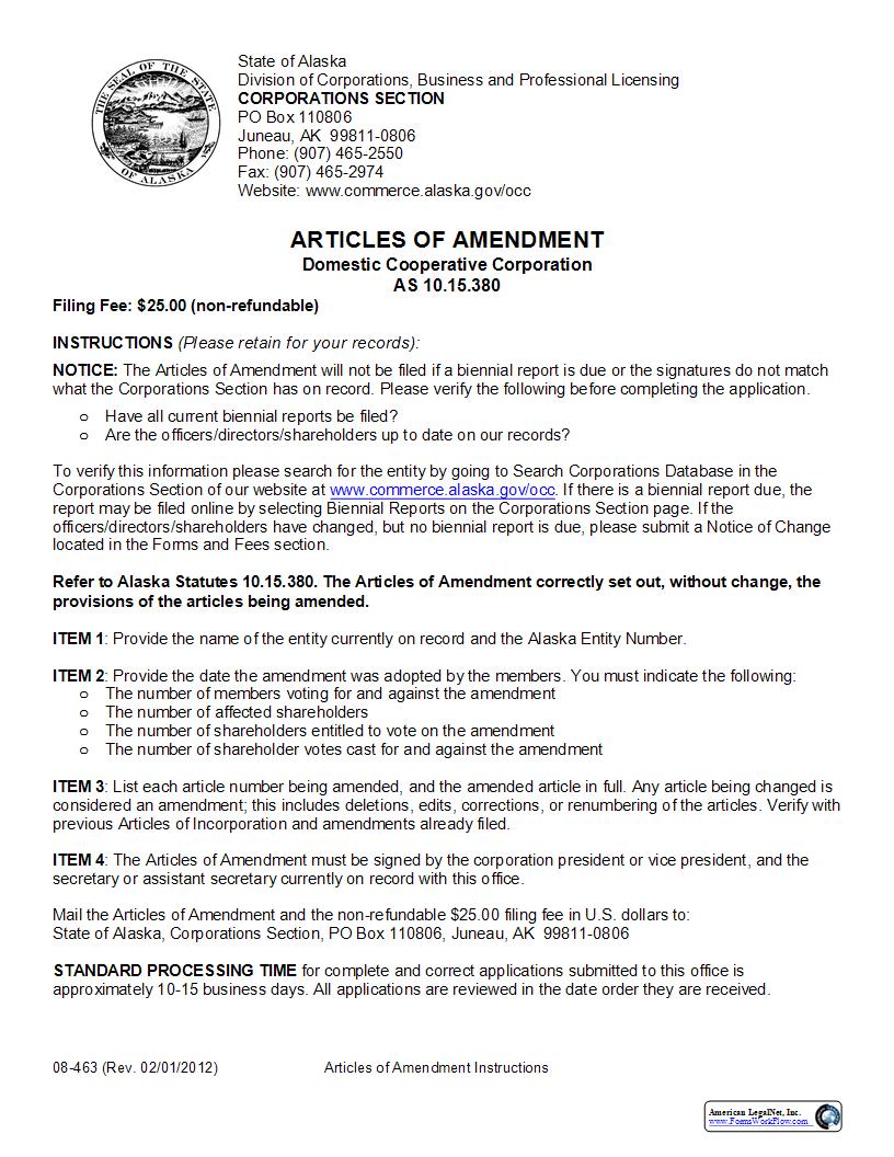 Articles Of Amendment (Domestic Cooperative Corporation) {08-463} | Pdf Fpdf Docx | Alaska