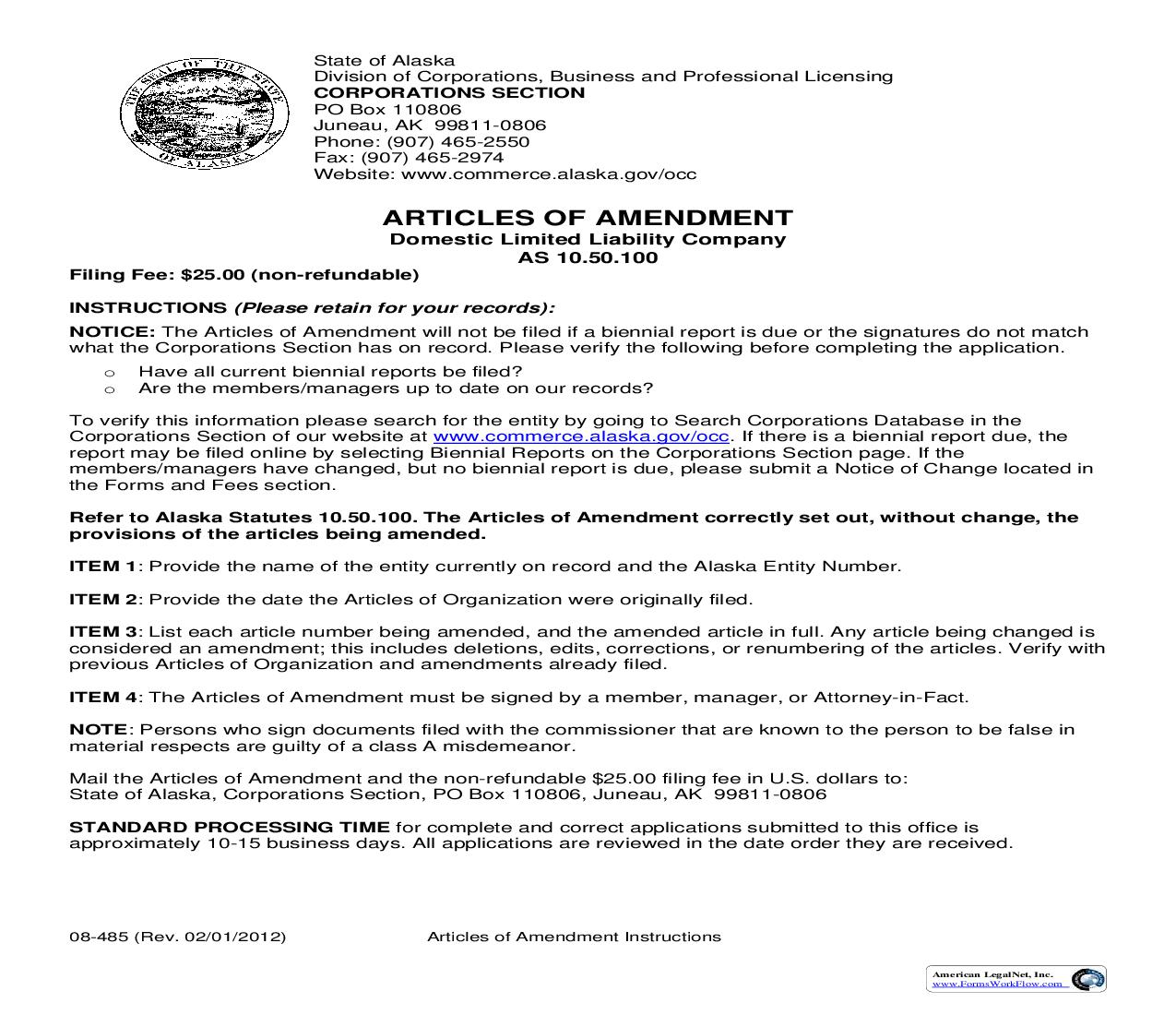 Articles Of Amendment (Domestic Limited Liability Company) {08-485} | Pdf Fpdf Doc Docx | Alaska
