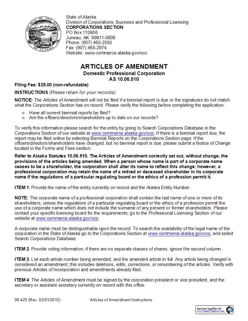 Articles Of Amendment (Domestic Professional Corporation) {08-425} | Pdf Fpdf Docx | Alaska