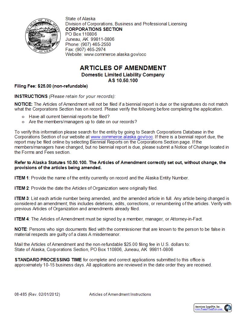 Articles Of Amendment Domestic Limited Liability Company {08-485} | Pdf Fpdf Docx | Alaska