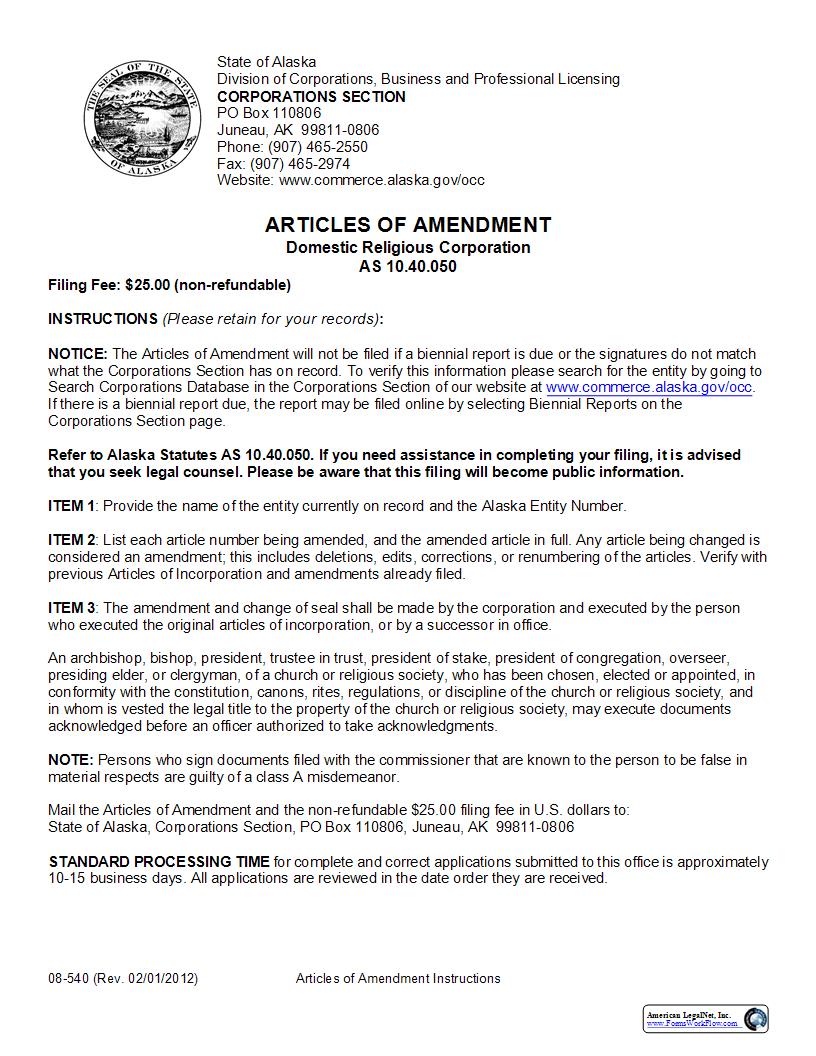 Articles Of Amendment Religious Corporation {08-540} | Pdf Fpdf Docx | Alaska