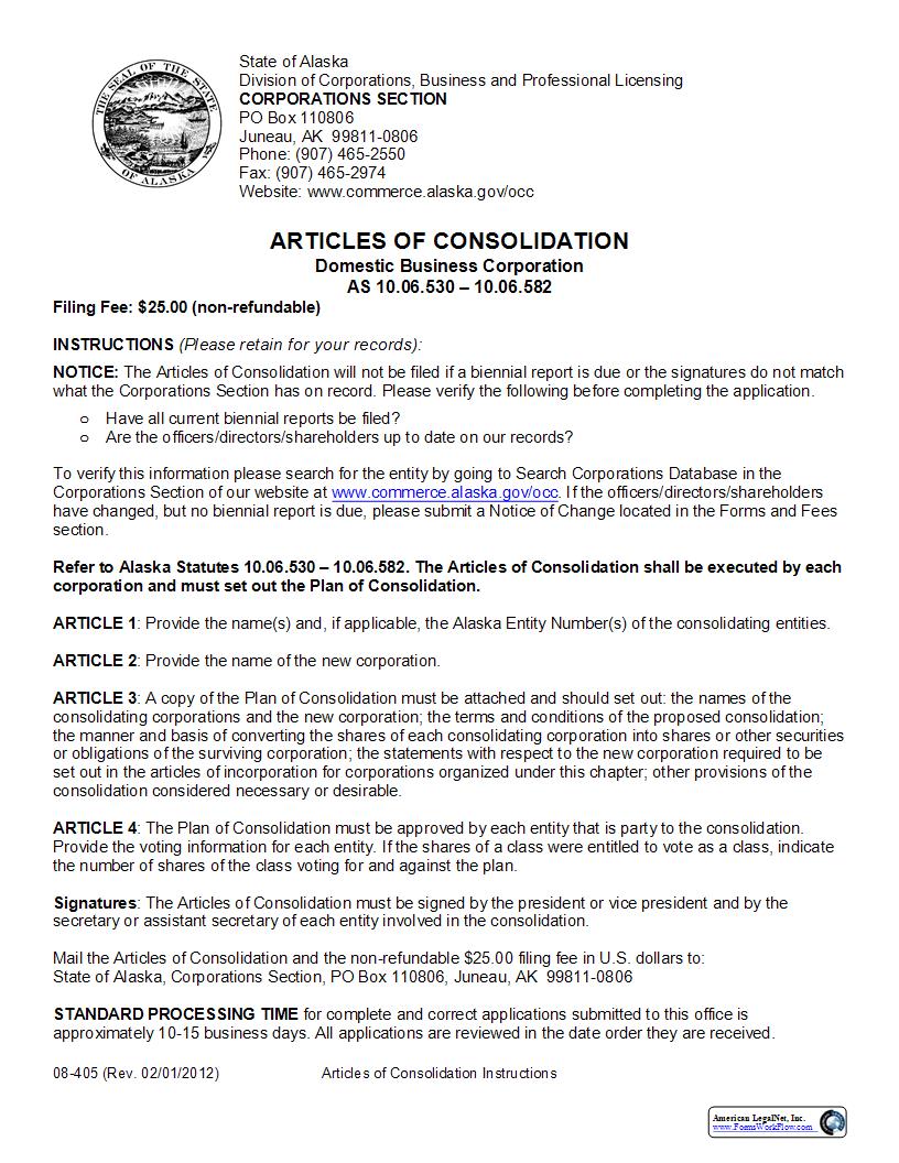 Articles Of Consolidation (Domestic Business Corporation) {08-405} | Pdf Fpdf Docx | Alaska