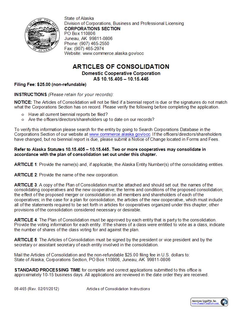 Articles Of Consolidation (Domestic Cooperative Corporation) {08-465} | Pdf Fpdf Docx | Alaska