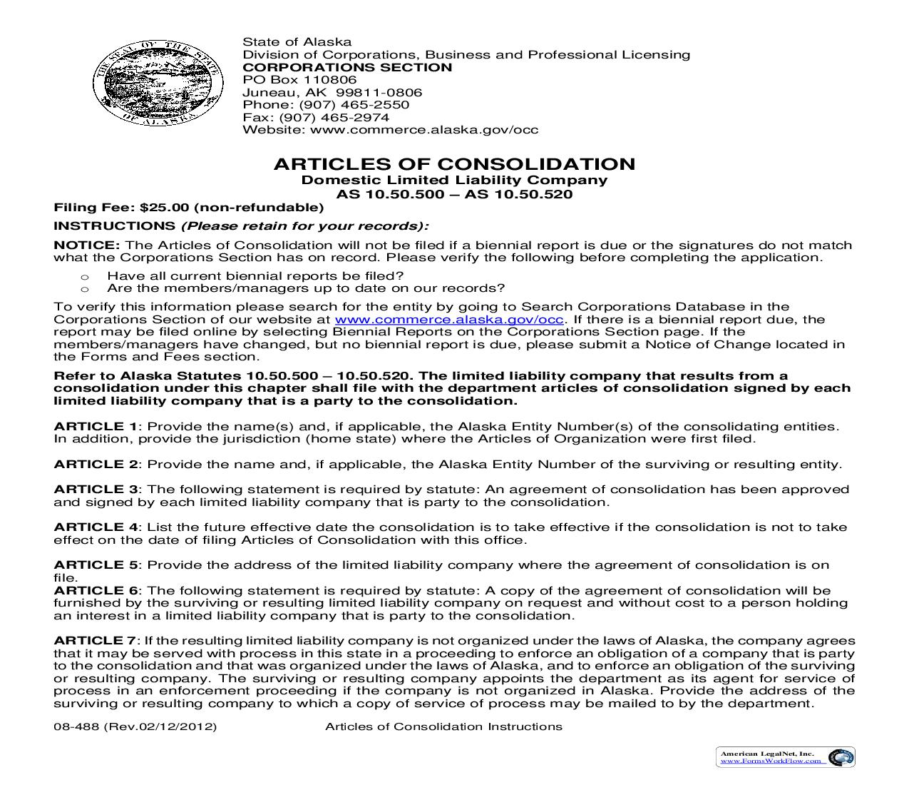 Articles Of Consolidation Limited Liability Company {08-488} | Pdf Fpdf Doc Docx | Alaska
