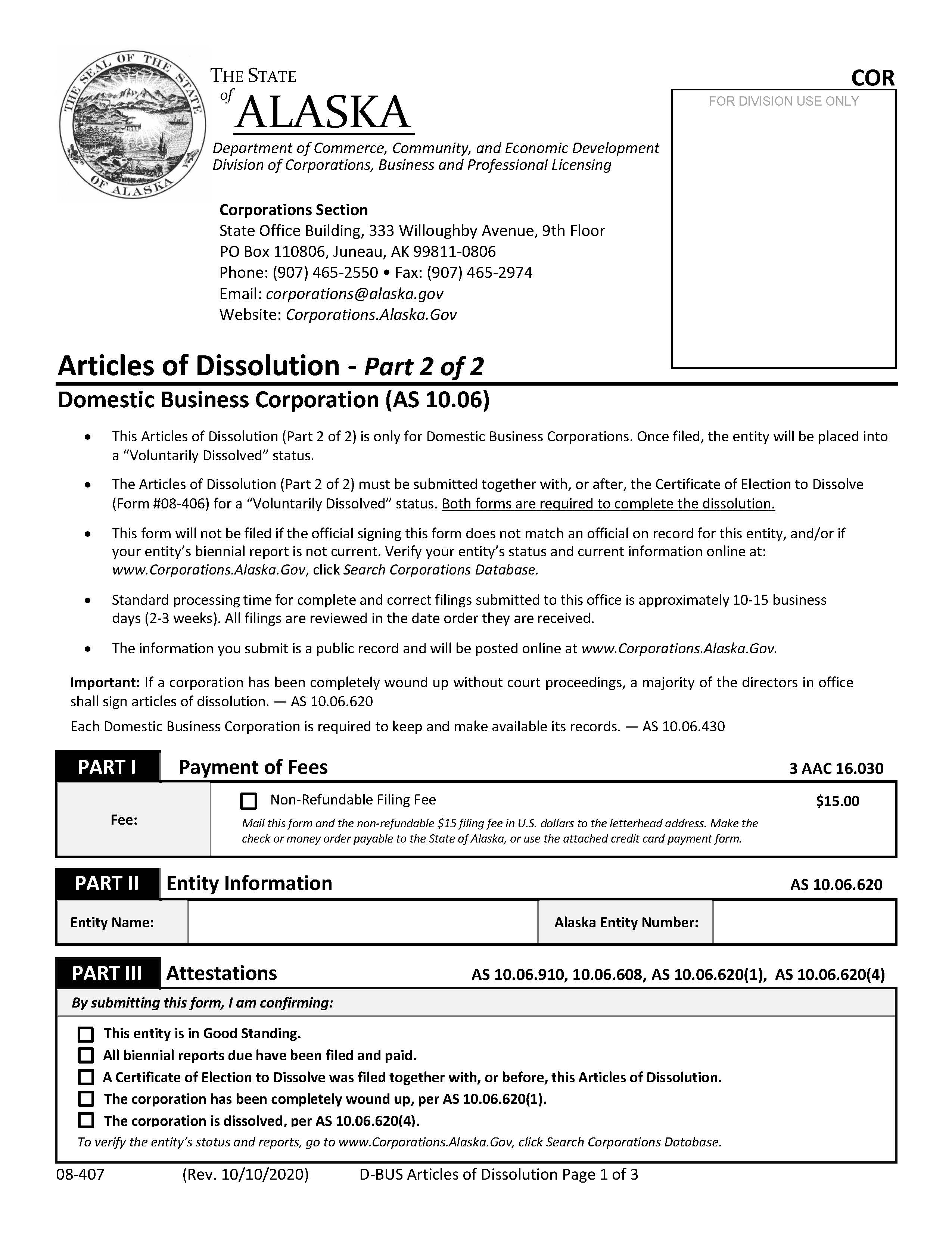 Articles Of Dissolution Domestic Business Corporation {08-407} | Pdf Fpdf Docx | Alaska