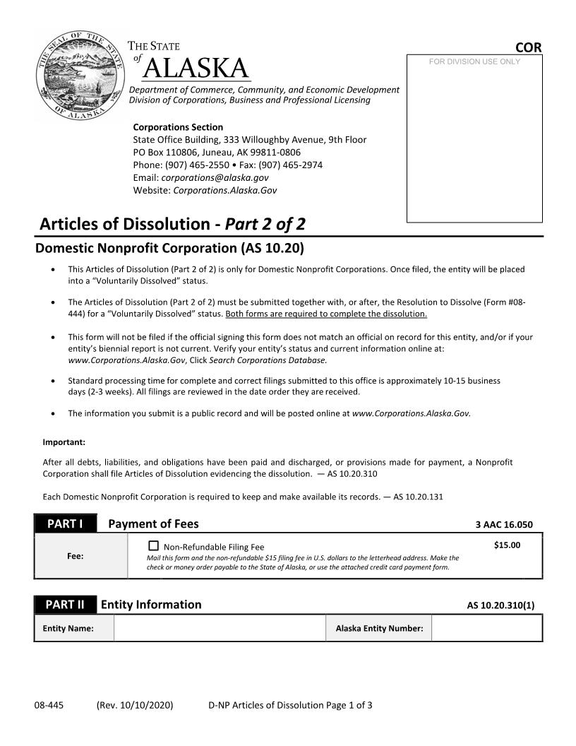Articles Of Dissolution Domestic Non Profit Corporation {08-445} | Pdf Fpdf Docx | Alaska