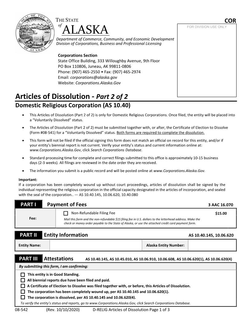 Articles Of Dissolution Domestic Religous Corporation {08-542} | Pdf Fpdf Docx | Alaska