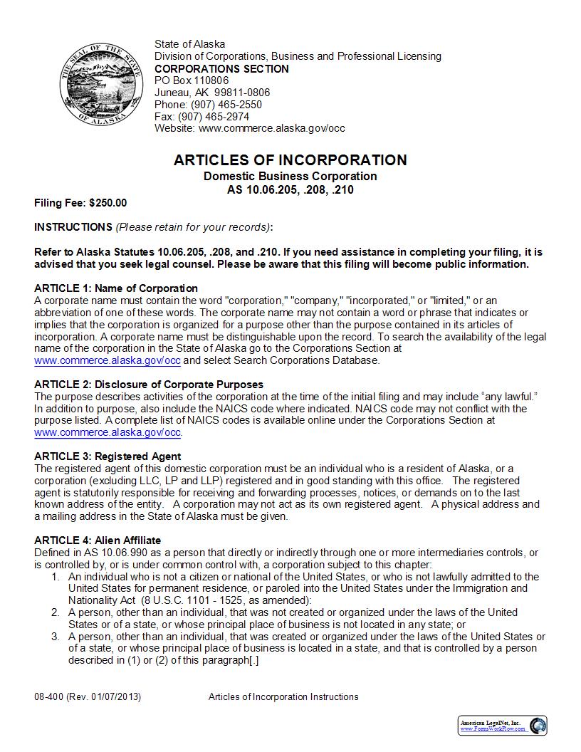 Articles Of Incorporation (Domestic Business Corporation) {08-400} | Pdf Fpdf Docx | Alaska