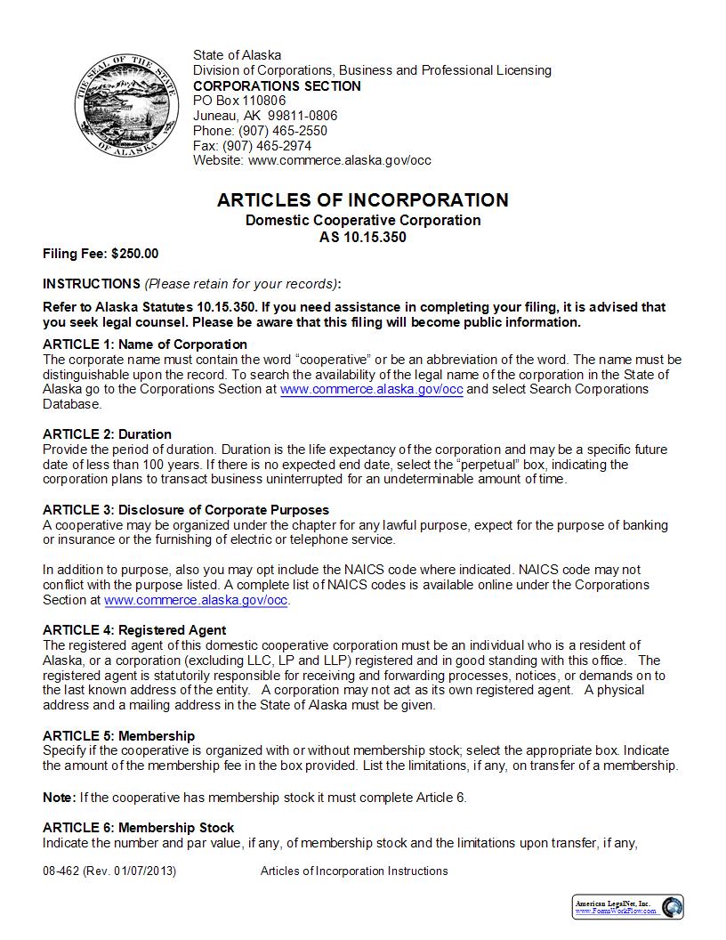 Articles Of Incorporation (Domestic Cooperative Corporation) {08-462} | Pdf Fpdf Docx | Alaska