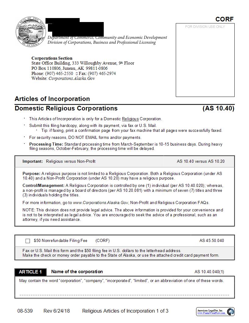 Articles Of Incorporation (Domestic Religious Corporations){08-539} | Pdf Fpdf Docx | Alaska