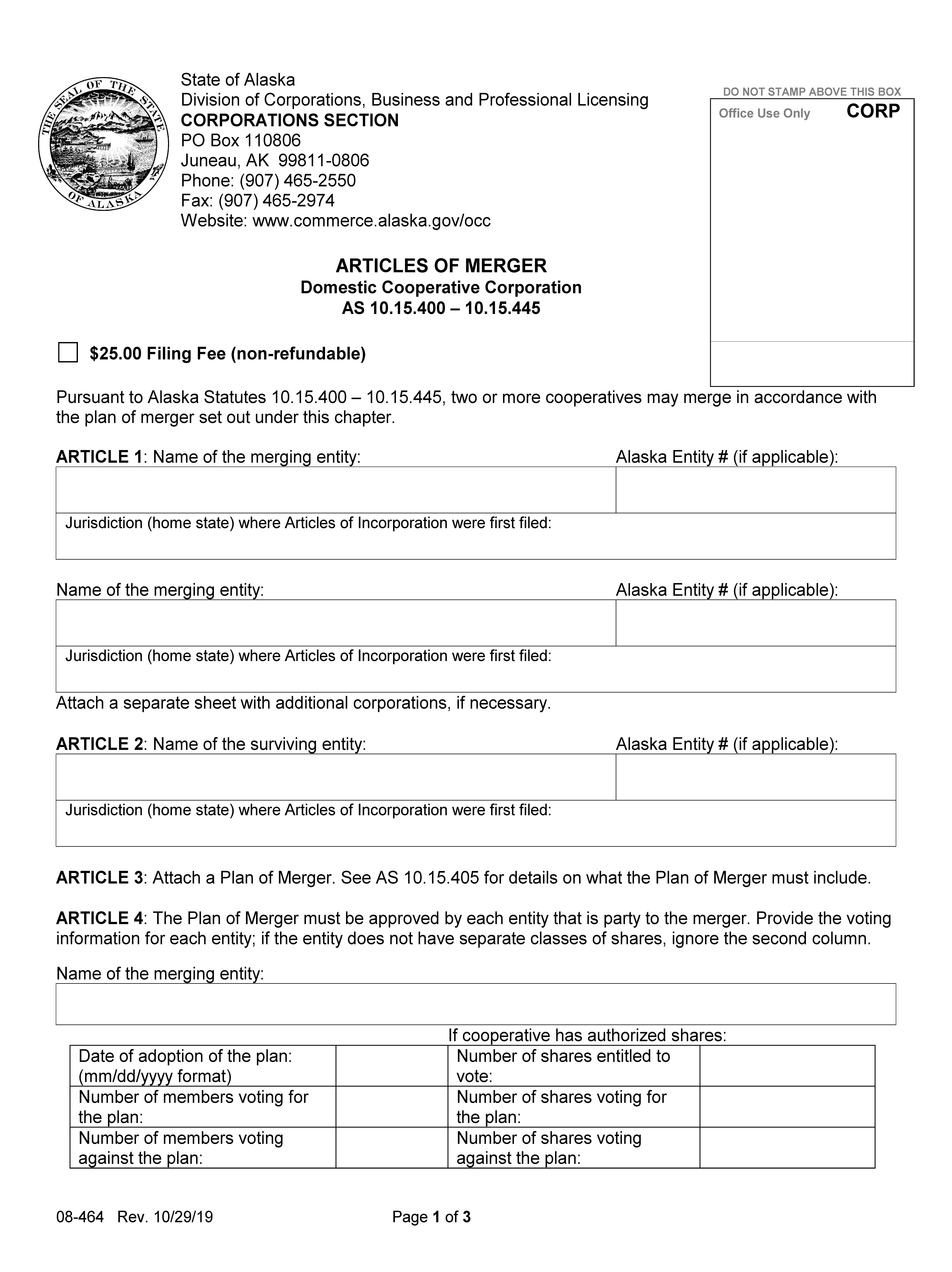 Articles Of Merger Domestic Cooperative Corporation {08-464} | Pdf Fpdf Docx | Alaska