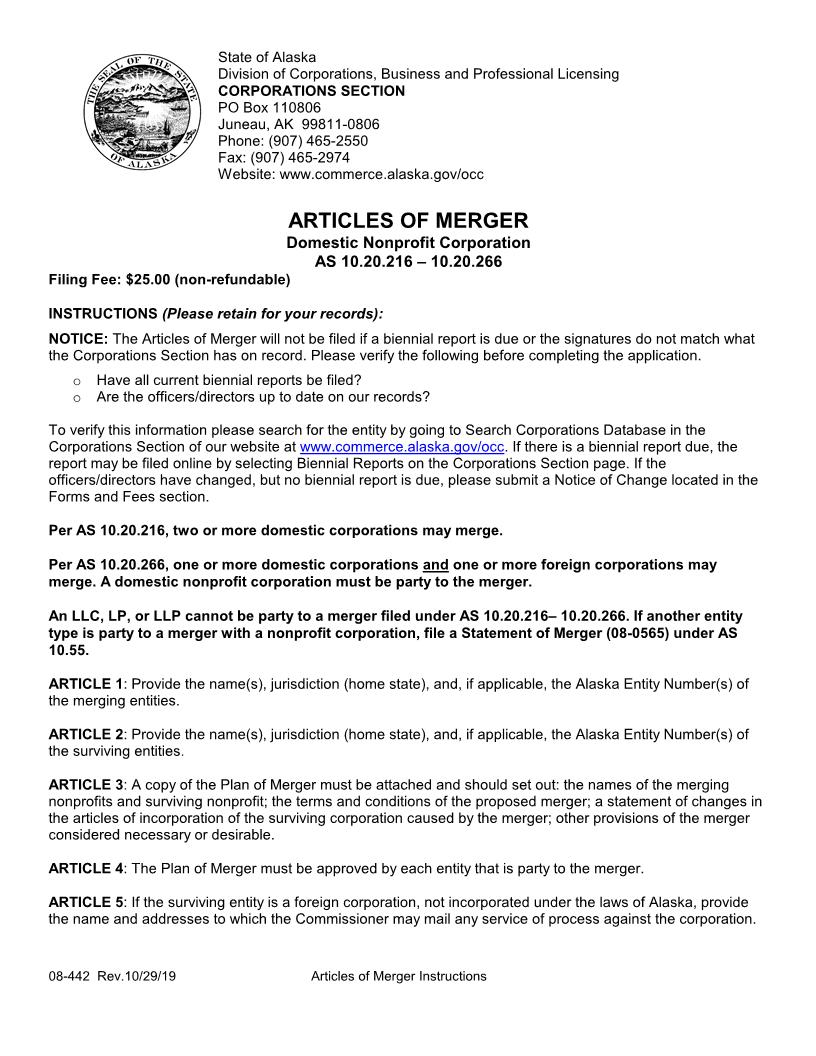 Articles Of Merger Domestic Non Profit Corporation {08-442} | Pdf Fpdf Docx | Alaska