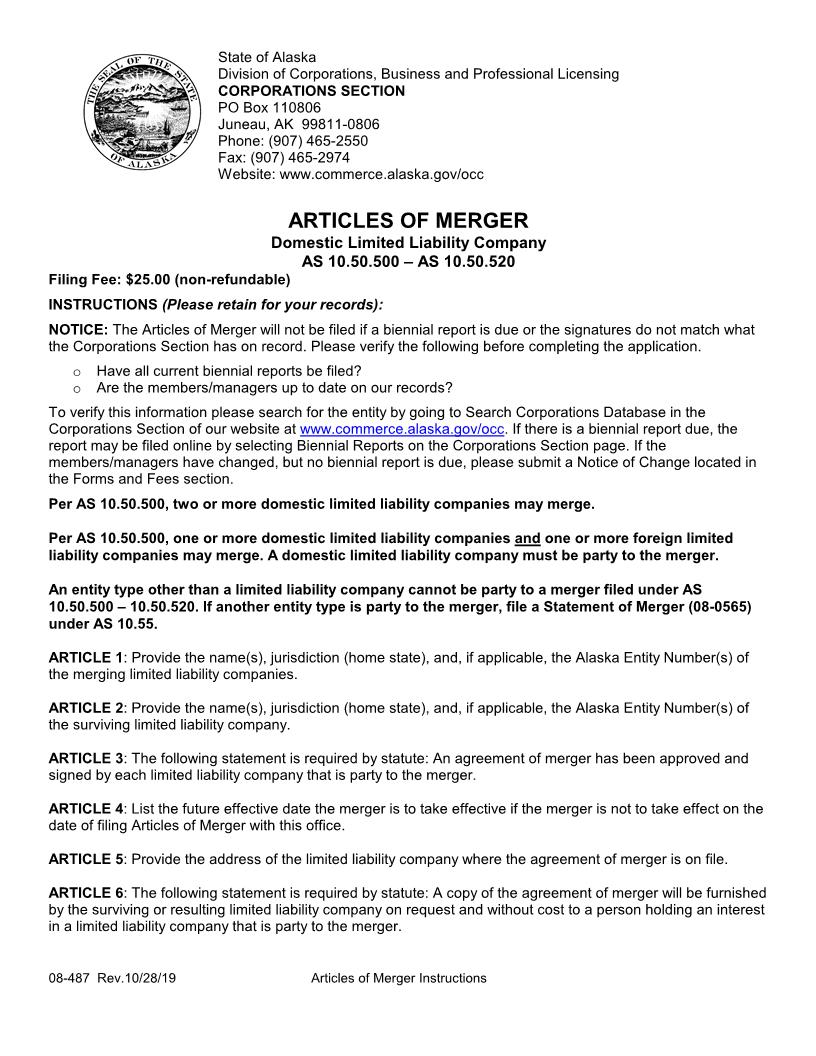Articles Of Merger Limited Liability Company {08-487} | Pdf Fpdf Docx | Alaska
