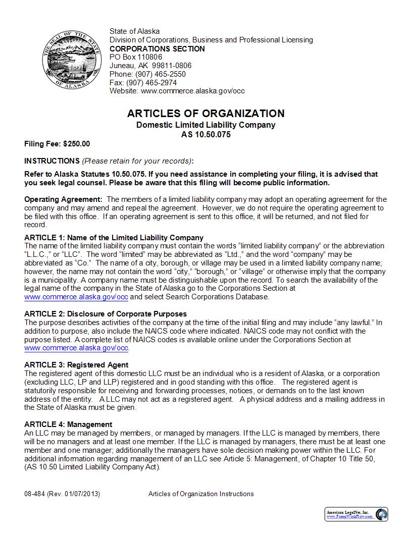 Articles Of Organization (Domestic Limited Liability Company) {08-484} | Pdf Fpdf Docx | Alaska