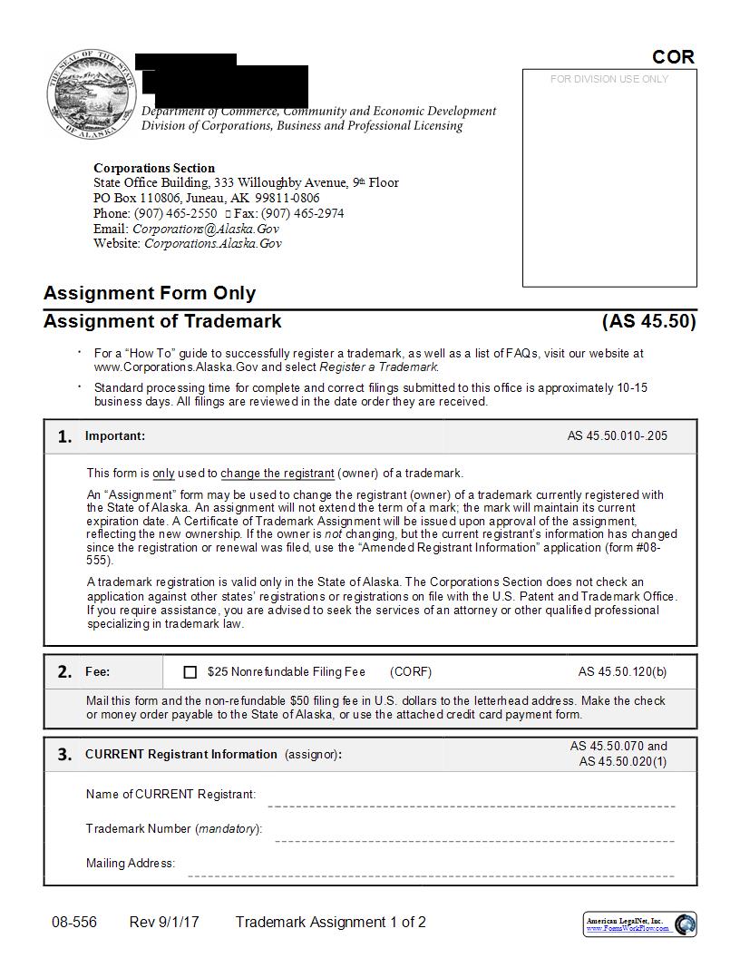 Assignment Of Trademark (Assignment Form Only) {08-556} | Pdf Fpdf Docx | Alaska