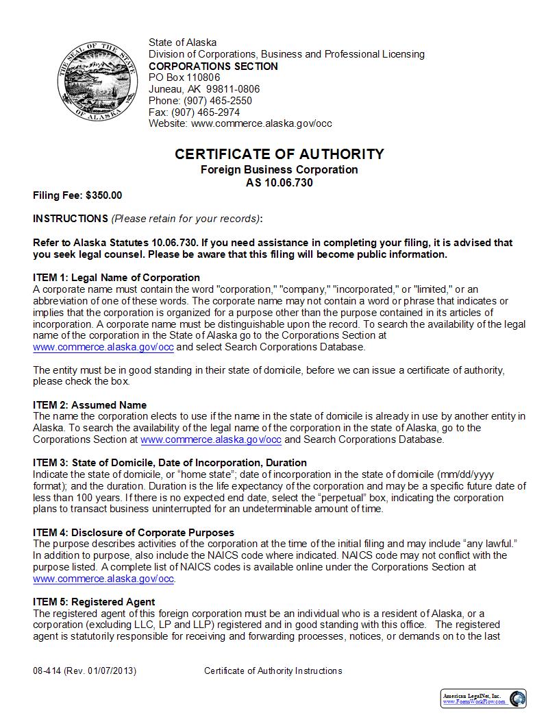Certificate Of Authority (Foreign Business Corporation) {08-414} | Pdf Fpdf Docx | Alaska