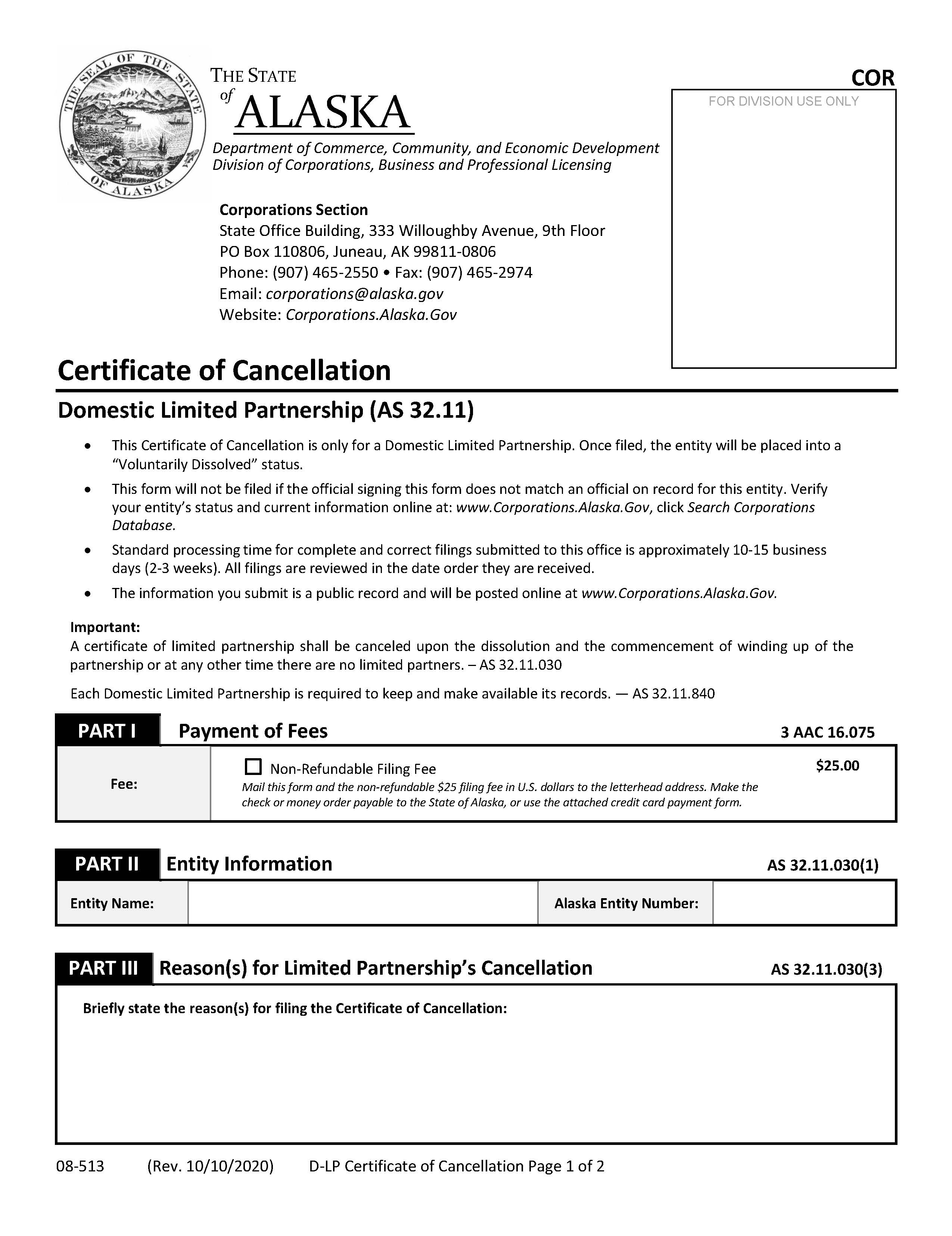 Certificate Of Cancellation Domestic LP {08-513} | Pdf Fpdf Docx | Alaska