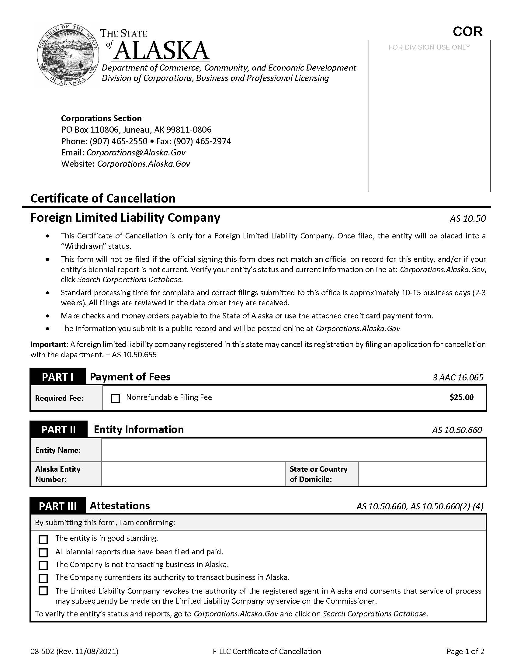 Certificate Of Cancellation Foreign LLC {08-502} | Pdf Fpdf Docx | Alaska